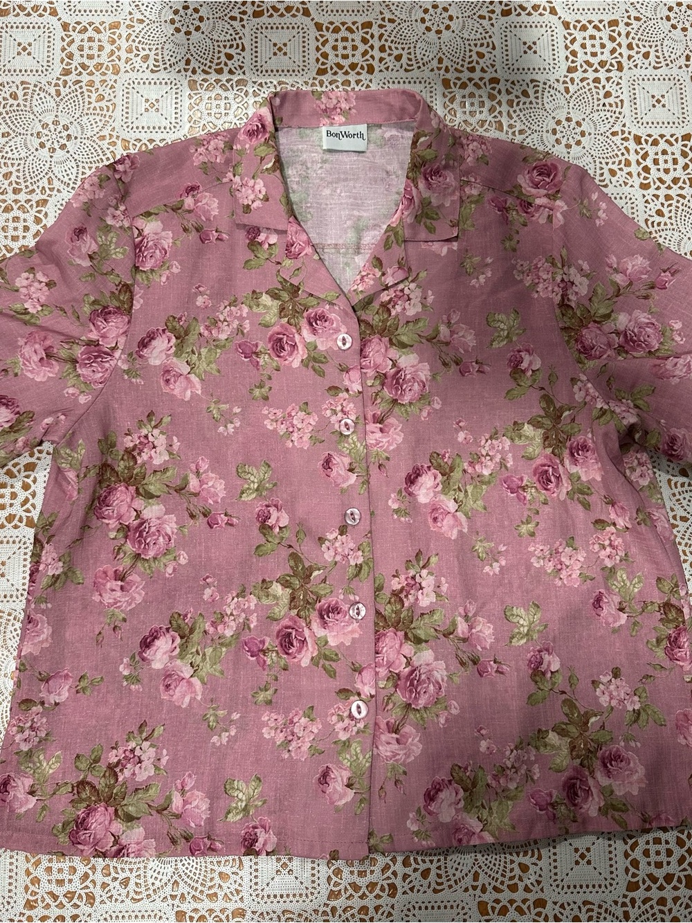 BonWorth Pink Floral Button Front Blouse Women’s XL Cottagecore Rose Top